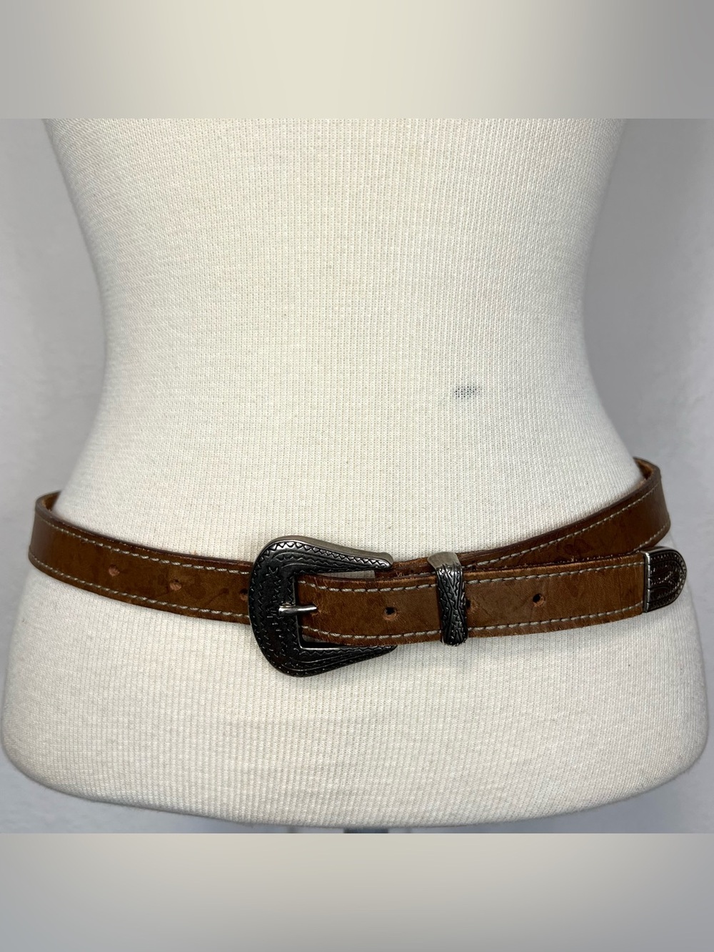 Brown Leather Western Belt with Silver Buckle - Picture 2 of 16